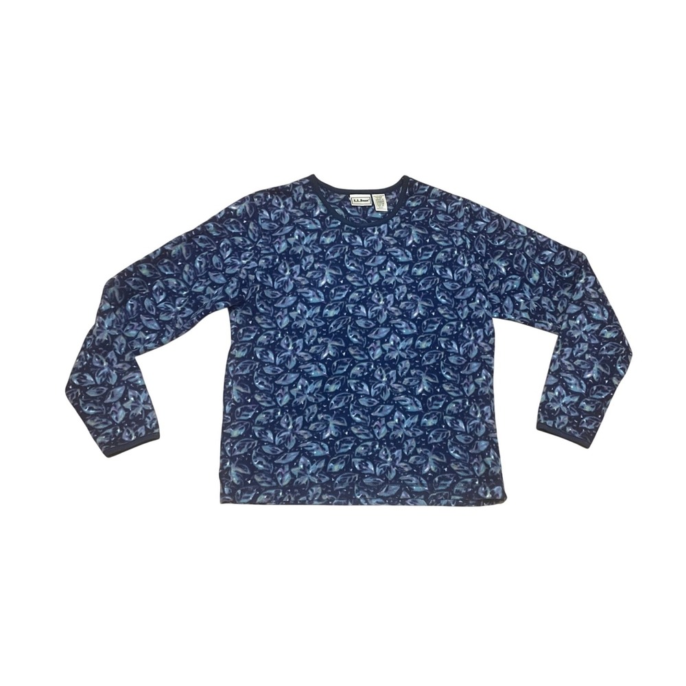 VTG LL Bean Women's M Fleece Pullover Blue Purple Leaf Print Crewneck Layers